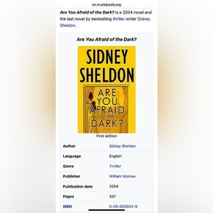 Book are you afraid of the dark Sydney Sheldon HB first edition W/dust cover